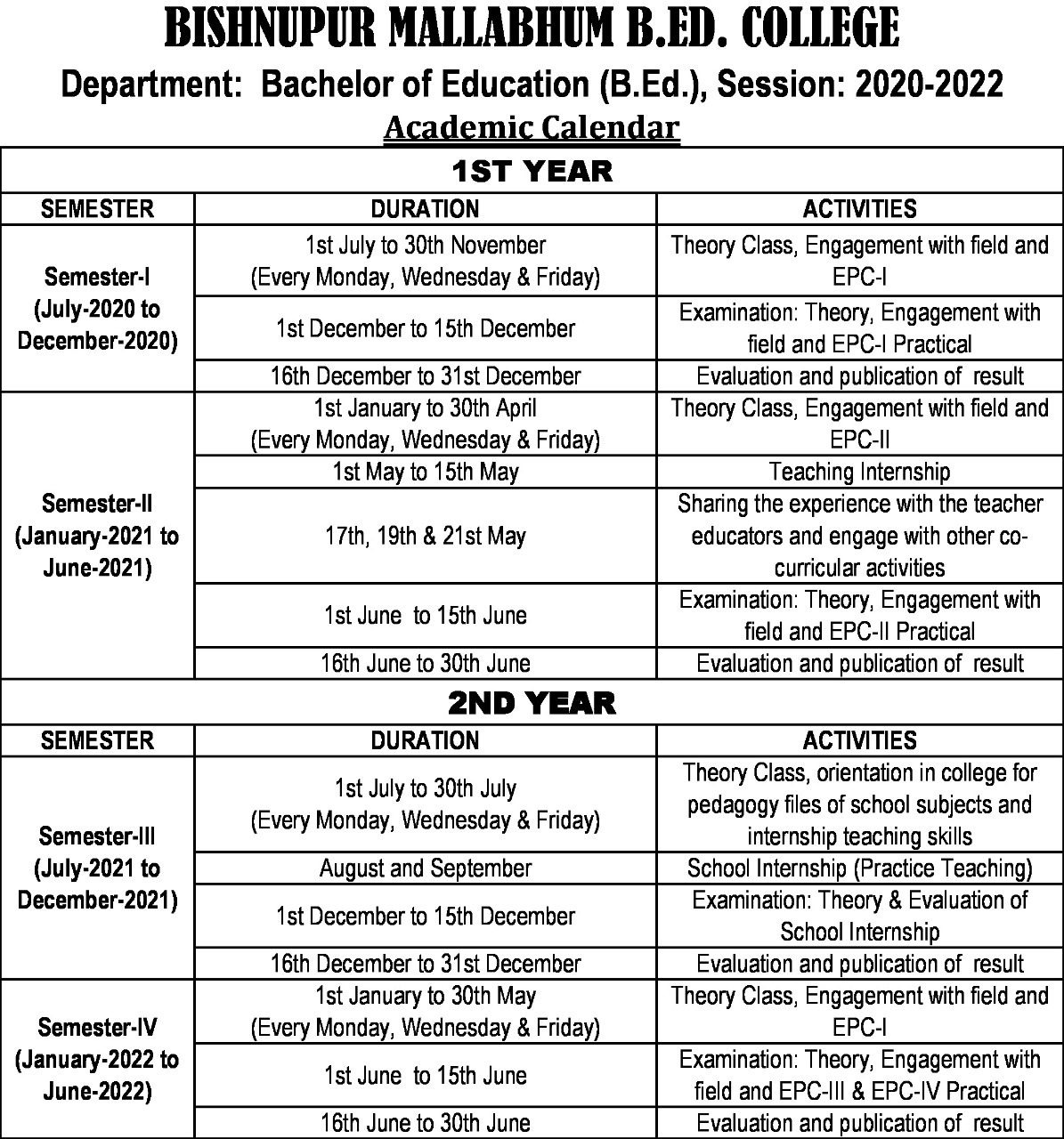 Academic Calender Bishnupur Mallabhum B.ED College