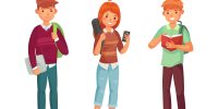 College students. University studying student in library, teenager studying english books and people learning chinese and korean, teenagers with backpacks cartoon vector isolated characters icon set